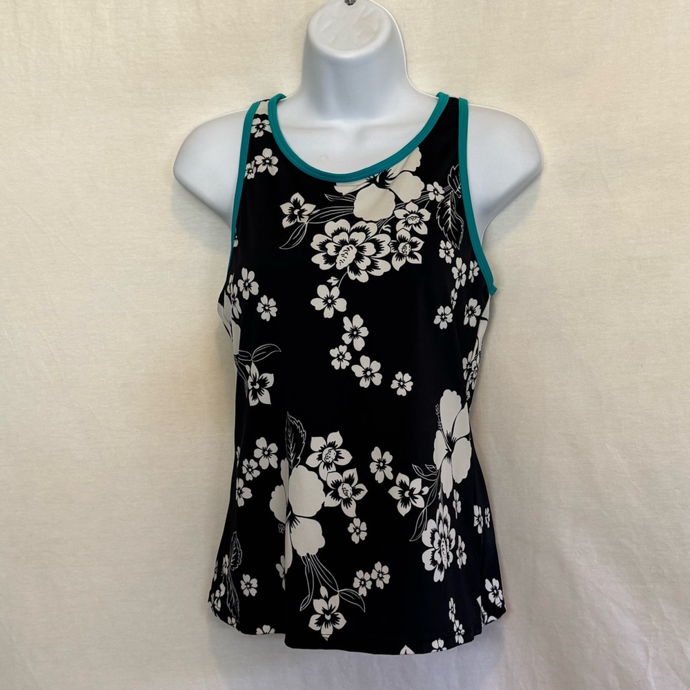 A-143 Tropical Escape Floral Black and White Lined Swim‎ Top Size 10